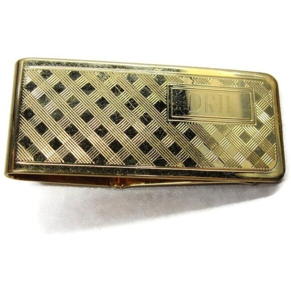 "DRH" Monogrammed Hayward Checker Gold Tone Money Clip Credit Card Cash Holder - Picture 9 of 9